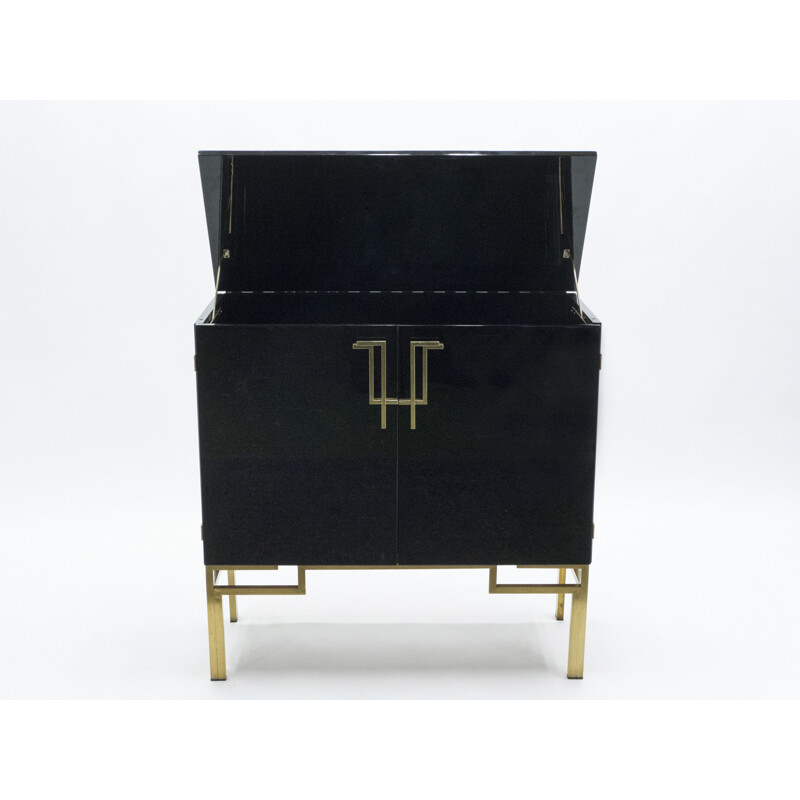 Vintage black lacquered highboard bar with brass legs by Guy Lefèvre for Maison Jansen 1970