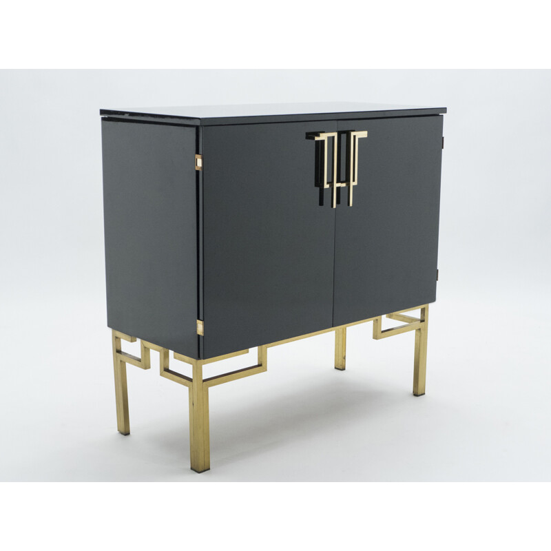 Vintage black lacquered highboard bar with brass legs by Guy Lefèvre for Maison Jansen 1970