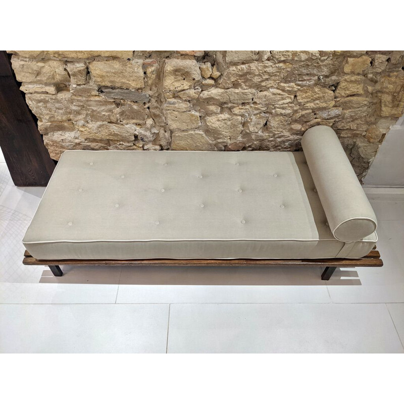 Vintage Cansado bench with grey fabric mattress and cushion by Charlotte Perriand 1954