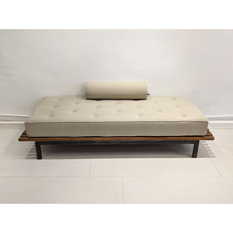 Vintage Cansado bench with grey fabric mattress and cushion by Charlotte Perriand 1954