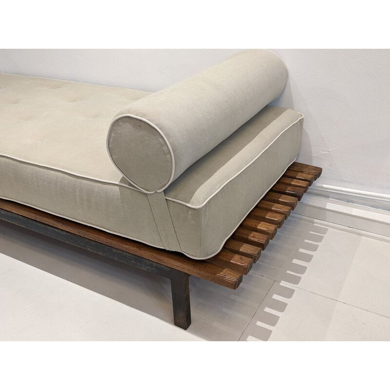 Vintage Cansado bench with grey fabric mattress and cushion by Charlotte Perriand 1954