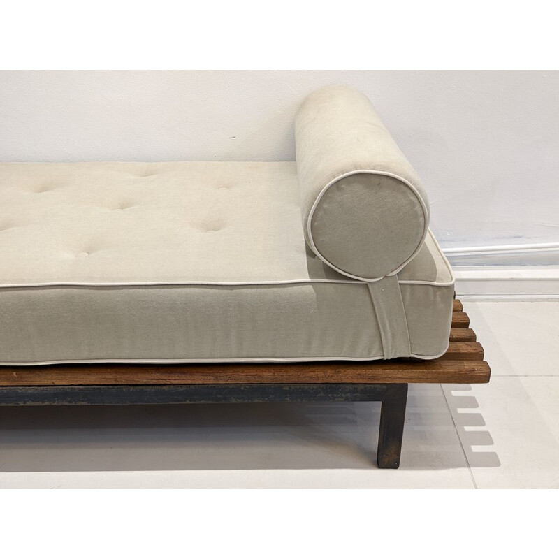 Vintage Cansado bench with grey fabric mattress and cushion by Charlotte Perriand 1954