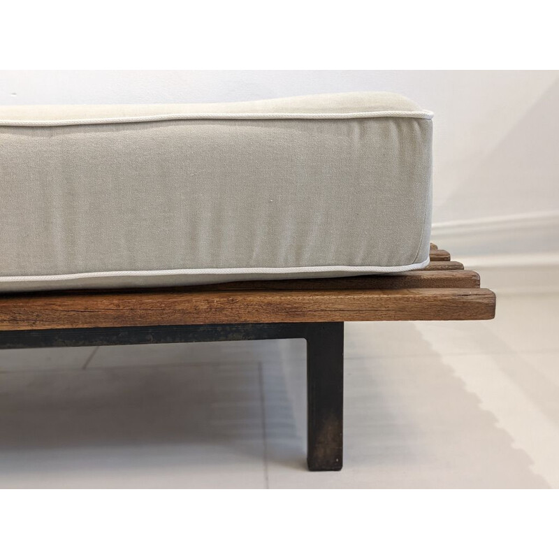 Vintage Cansado bench with grey fabric mattress and cushion by Charlotte Perriand 1954