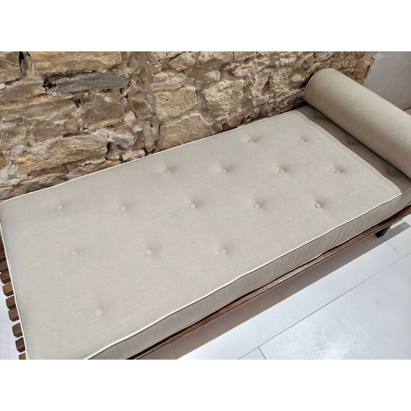 Vintage Cansado bench with grey fabric mattress and cushion by Charlotte Perriand 1954