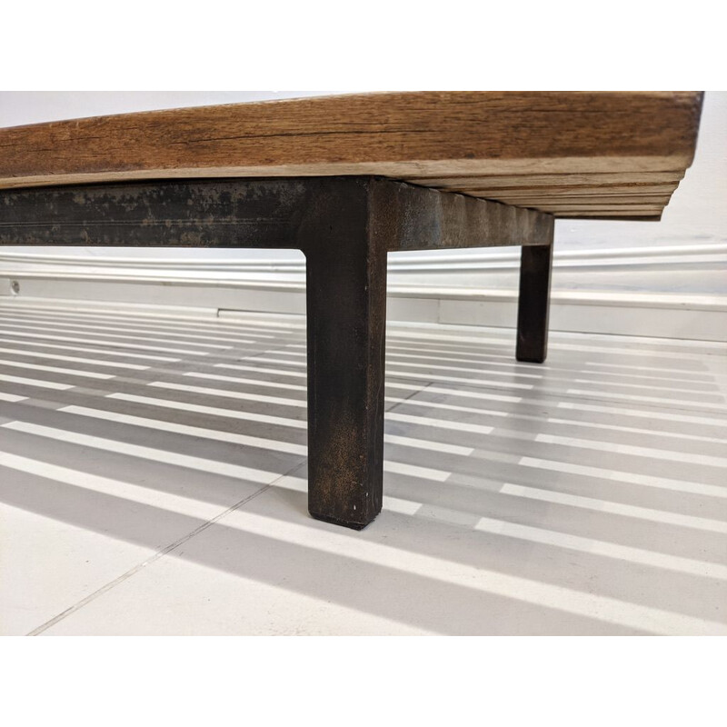 Vintage Cansado bench with grey fabric mattress and cushion by Charlotte Perriand 1954