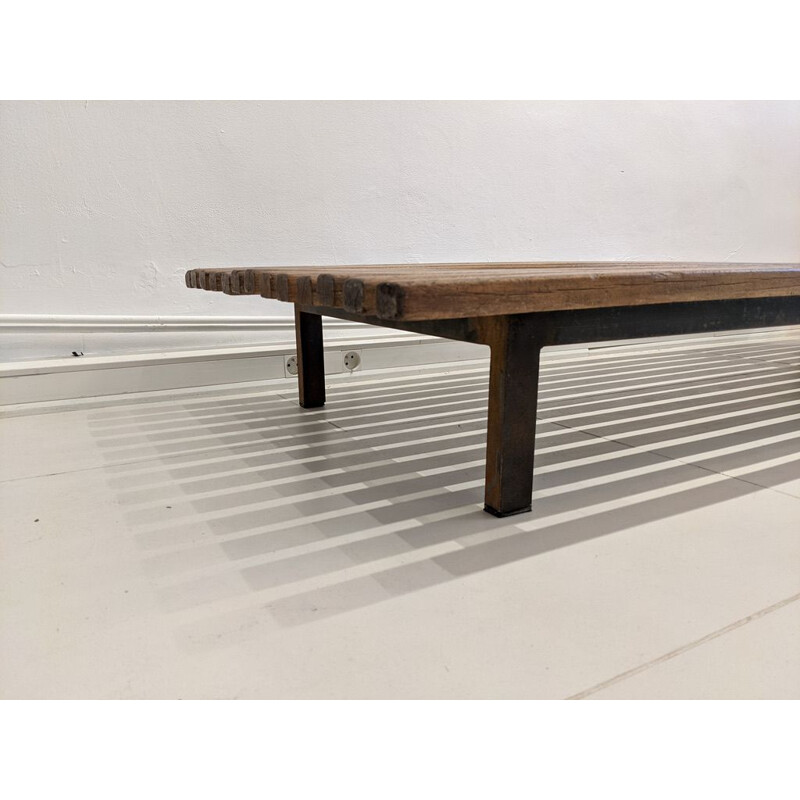 Vintage Cansado bench with grey fabric mattress and cushion by Charlotte Perriand 1954