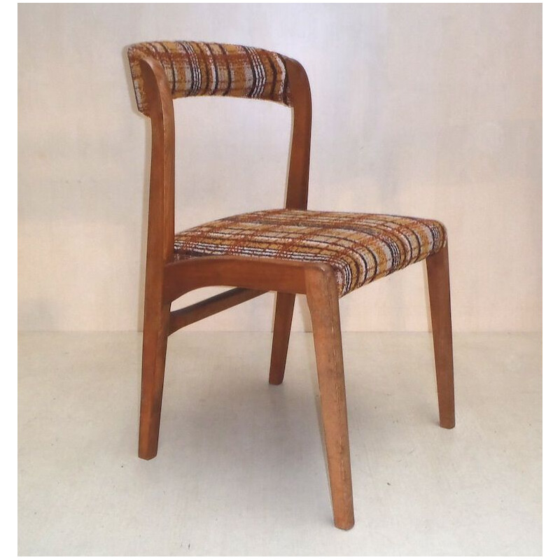 Suite of 4 vintage chairs in solid beech and tartan fabric by Baumann 1960