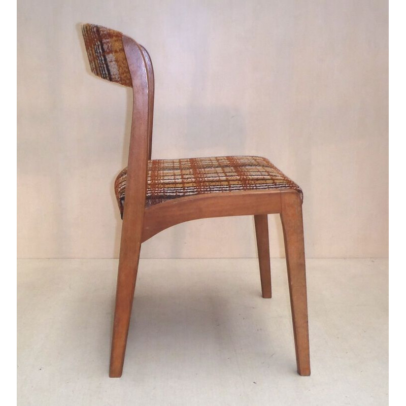 Suite of 4 vintage chairs in solid beech and tartan fabric by Baumann 1960