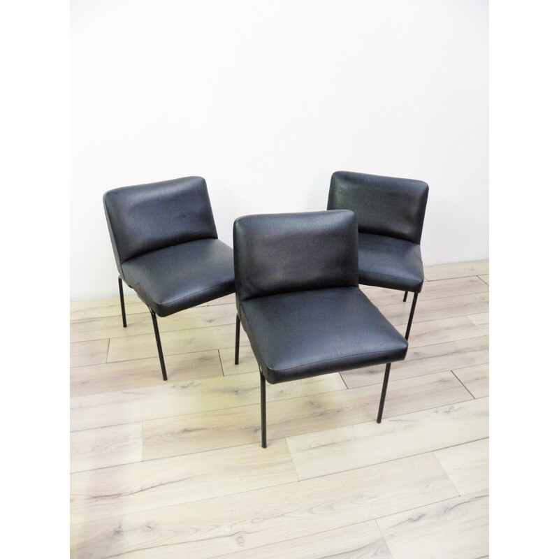 Set of 3 French Meurop chairs in black leatherette, Pierre GUARICHE - 1960s