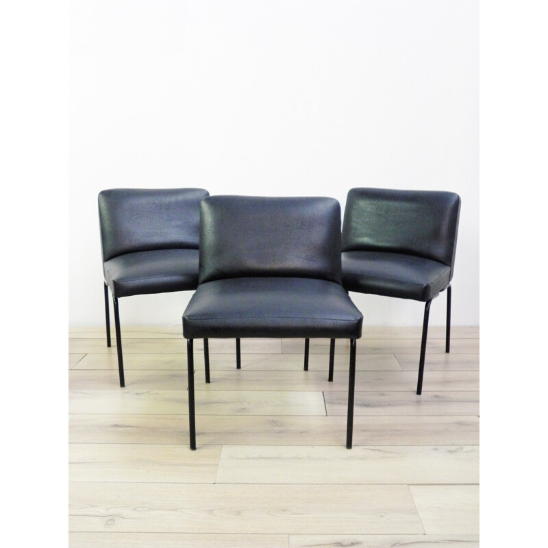 Set of 3 French Meurop chairs in black leatherette, Pierre GUARICHE - 1960s