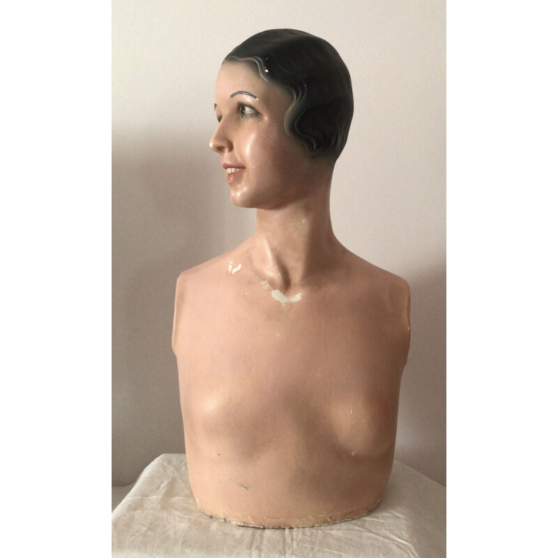 Vintage female bust in polychrome plaster Art Deco 1930