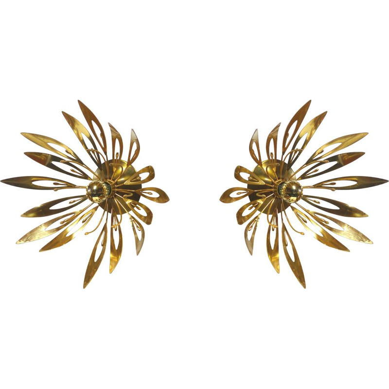 Pair of vintage gilt metal and brass flower sconces, 1970