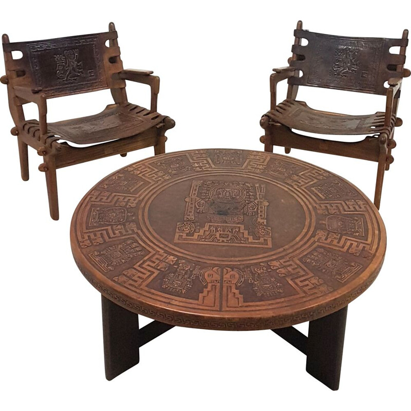 Paire de chaises et table brutalistes vintage assortie par Angel Pazmino pour Muebles de Estilo