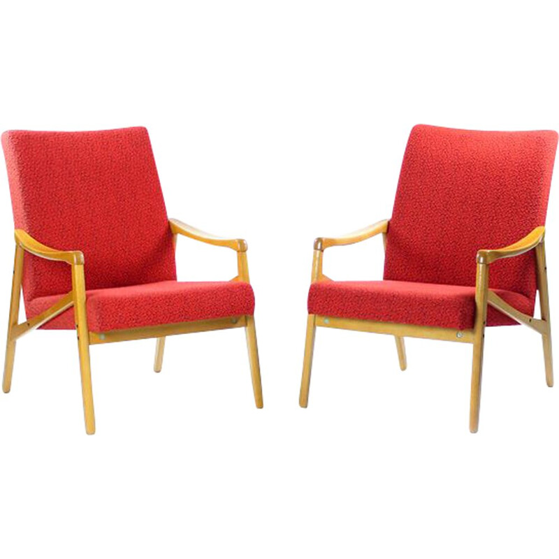 Pair of vintage armchairs in light beech and red fabric by Interier Praha, Czechoslovakia 1971