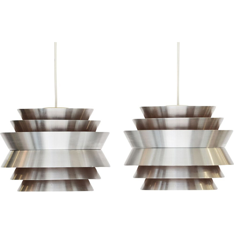 Pair of vintage Trava pendant lamps in brushed aluminium by Carl Thore for Granhaga Metallindustri, Sweden 1960