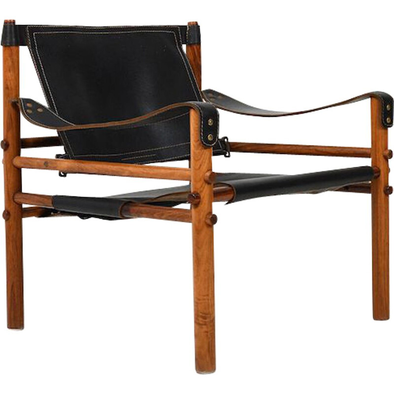 Chaise vintage de safari Sirocco en cuir noir par Arne Norell 1964