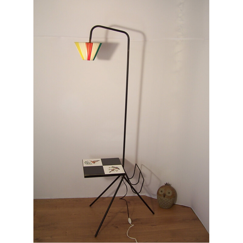 Tripod floor lamp in metal with magazine rack and tablets - 1950s