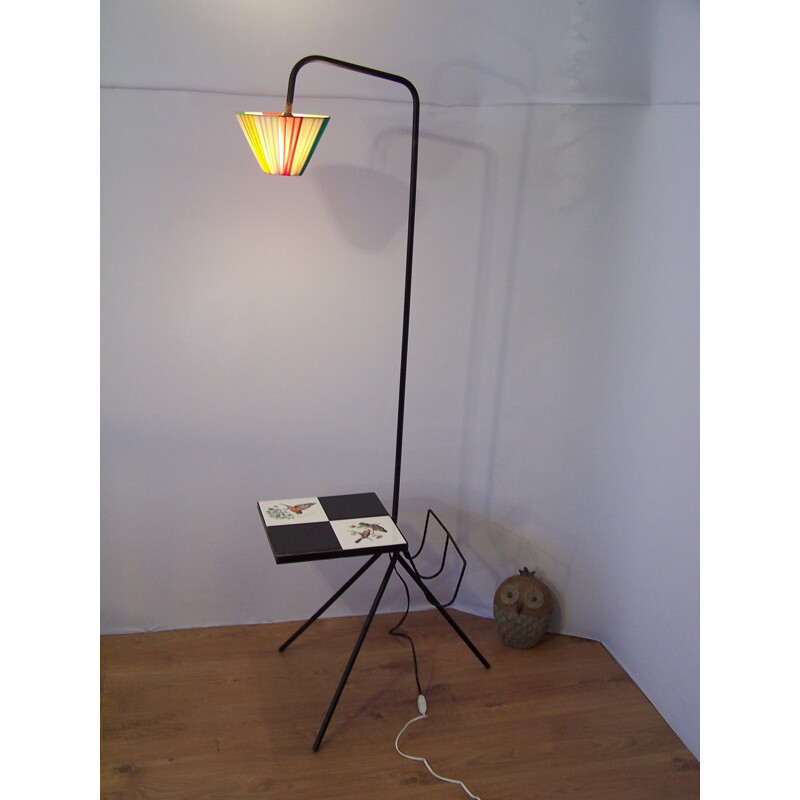 Tripod floor lamp in metal with magazine rack and tablets - 1950s