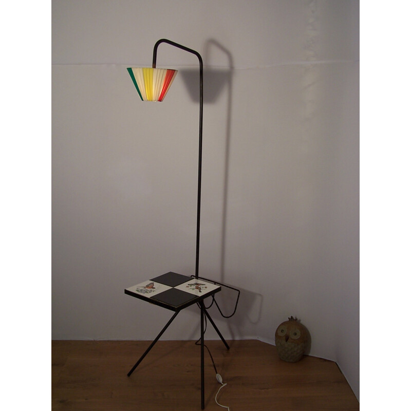 Tripod floor lamp in metal with magazine rack and tablets - 1950s