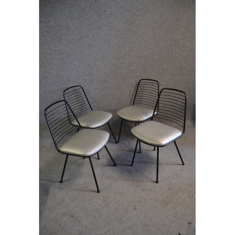 Set of 4 reupholstered chairs in metal and grey fabric, Jean-Louis BONNANT - 1950s