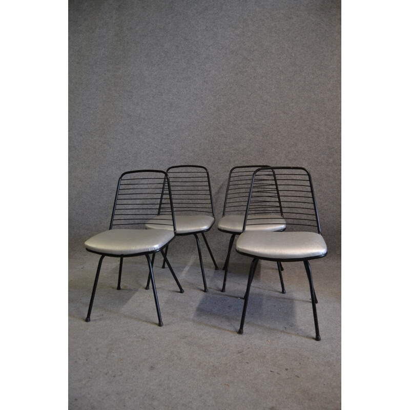 Set of 4 reupholstered chairs in metal and grey fabric, Jean-Louis BONNANT - 1950s