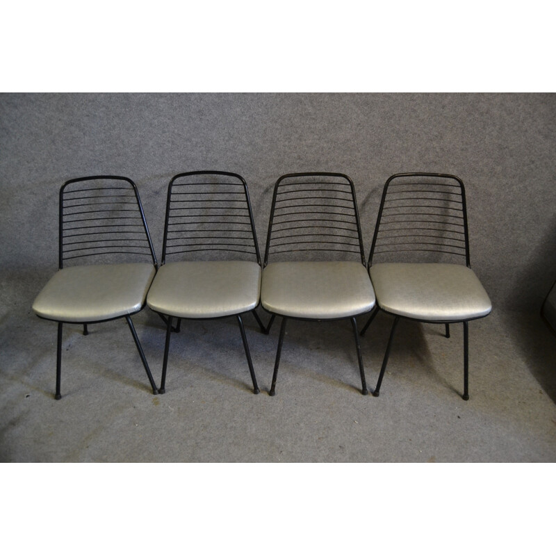 Série de 4 chaises en métal et tissu retapissé gris, Jean-Louis BONNANT - 1950