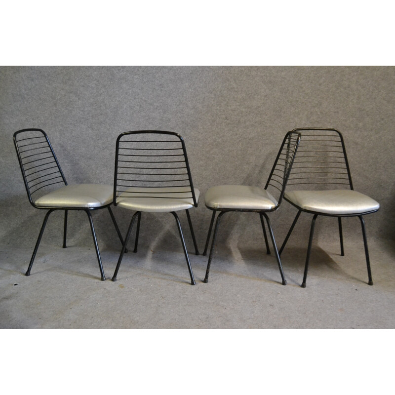 Set of 4 reupholstered chairs in metal and grey fabric, Jean-Louis BONNANT - 1950s