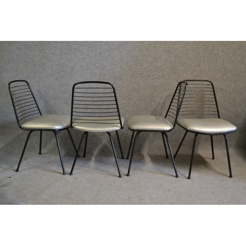 Série de 4 chaises en métal et tissu retapissé gris, Jean-Louis BONNANT - 1950