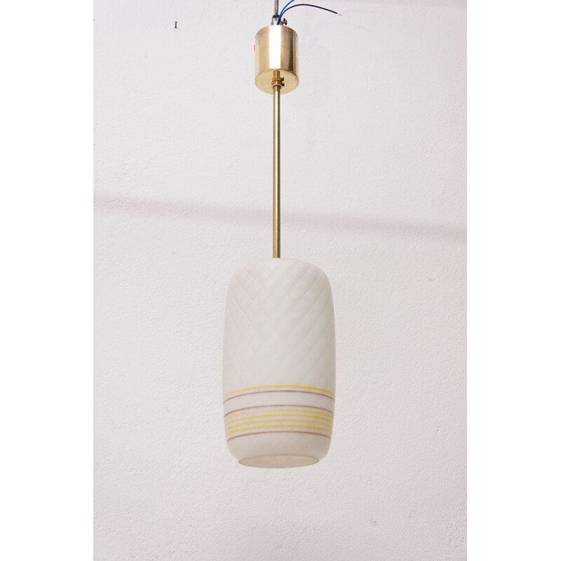 Vintage milk glass and brass pendant lamp, Czechoslovakia 1960