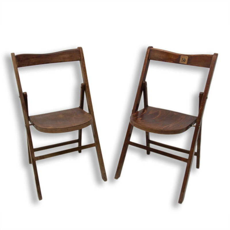 Pair of vintage folding cinema seats in beech wood, Czechoslovakia 1960