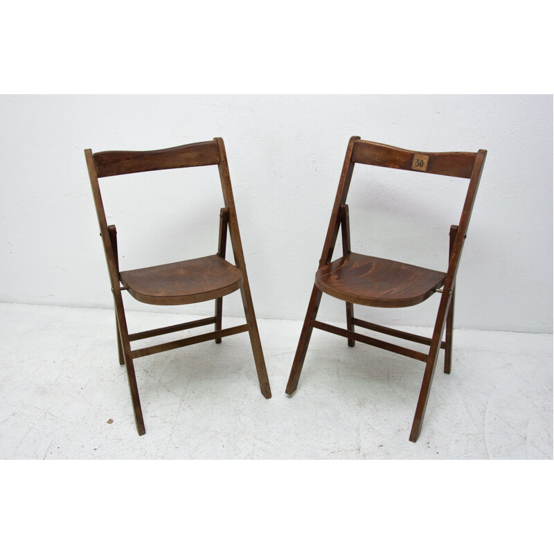 Pair of vintage folding cinema seats in beech wood, Czechoslovakia 1960