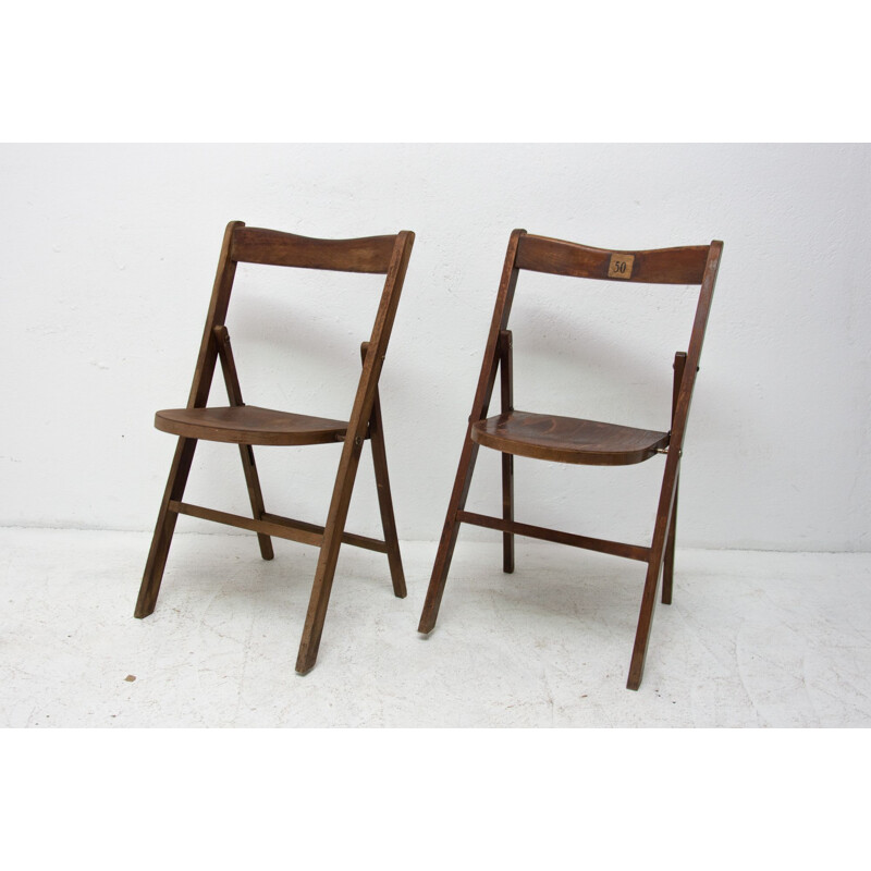 Pair of vintage folding cinema seats in beech wood, Czechoslovakia 1960