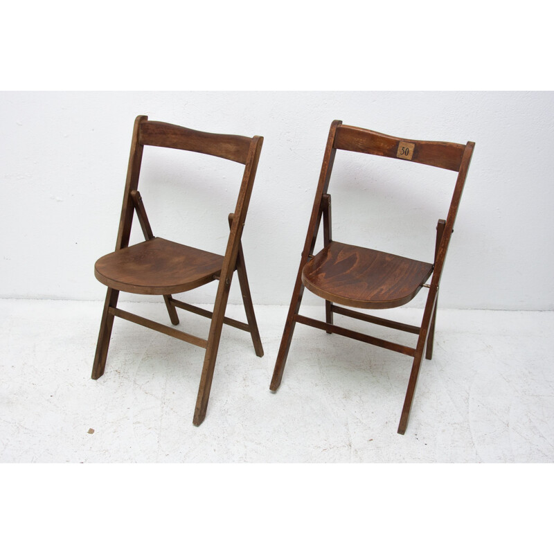 Pair of vintage folding cinema seats in beech wood, Czechoslovakia 1960