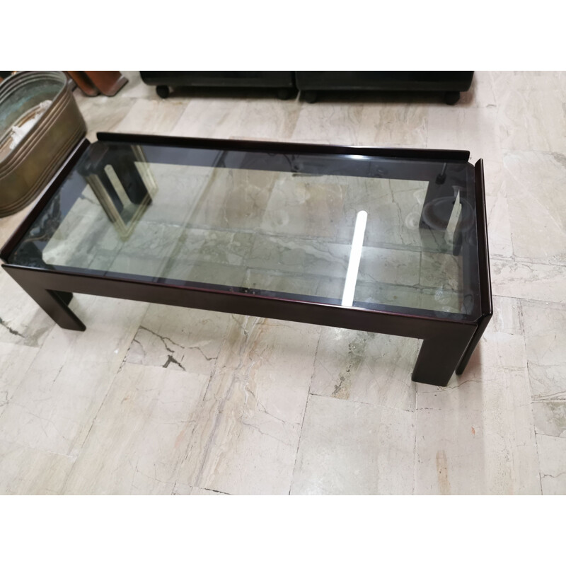 Vintage mahogany and smoked crystal coffee table by Tobia and Afra Scarpa