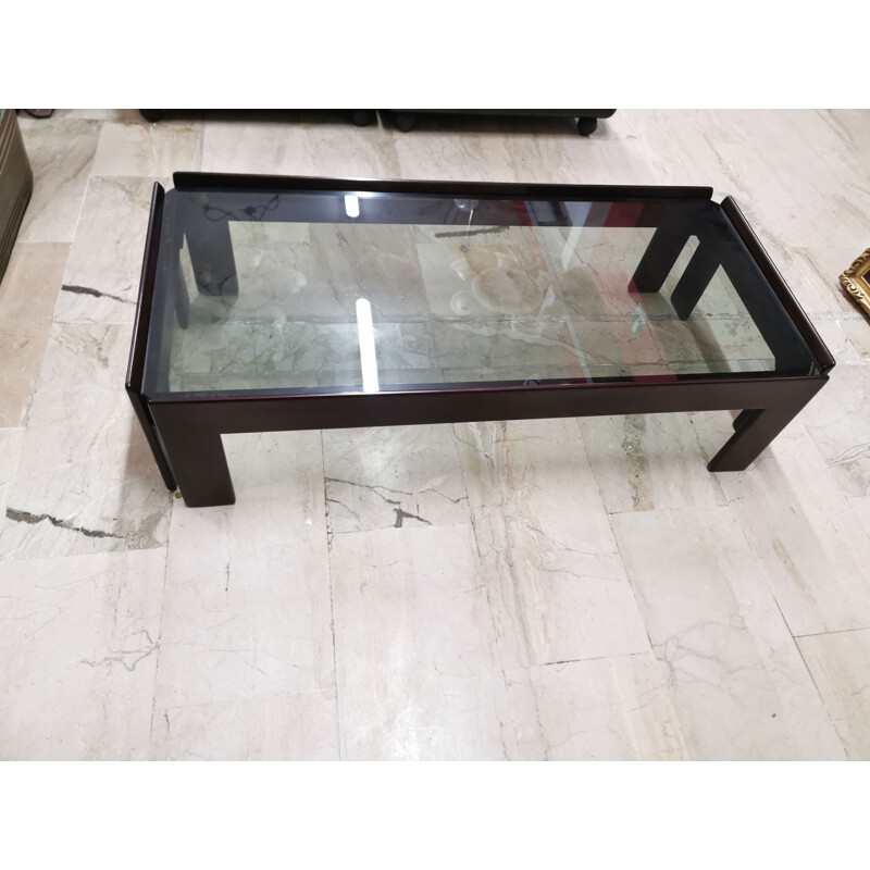 Vintage mahogany and smoked crystal coffee table by Tobia and Afra Scarpa