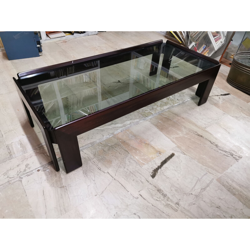 Vintage mahogany and smoked crystal coffee table by Tobia and Afra Scarpa