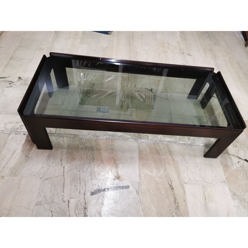 Vintage mahogany and smoked crystal coffee table by Tobia and Afra Scarpa