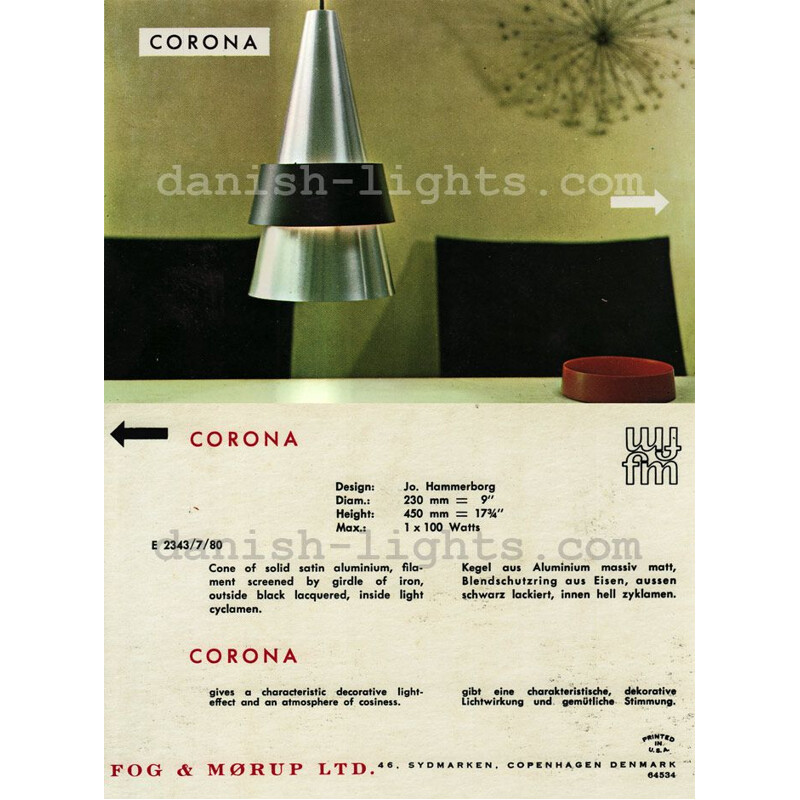 Hängeleuchte vintage corona leuchtend von Jo Hammerborg für Fog