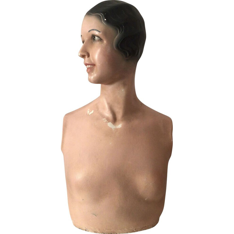 Vintage female bust in polychrome plaster Art Deco 1930