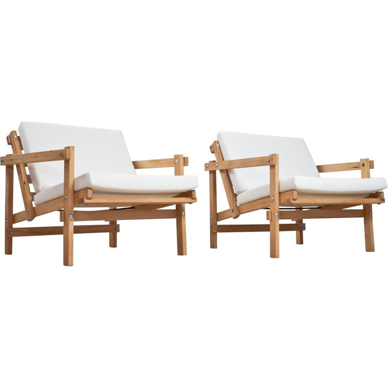 Pair of vintage Martin Visser lounge chairs in beech and white fabric 1970s