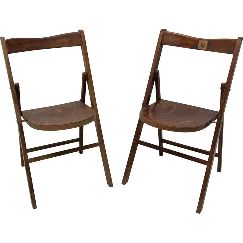 Pair of vintage folding cinema seats in beech wood, Czechoslovakia 1960