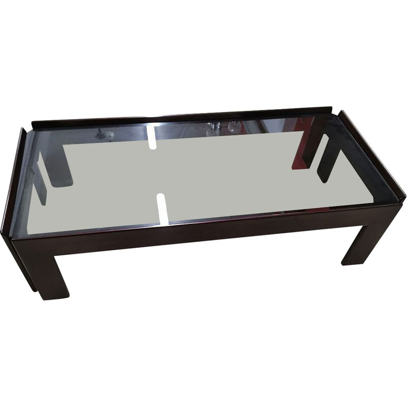 Vintage mahogany and smoked crystal coffee table by Tobia and Afra Scarpa