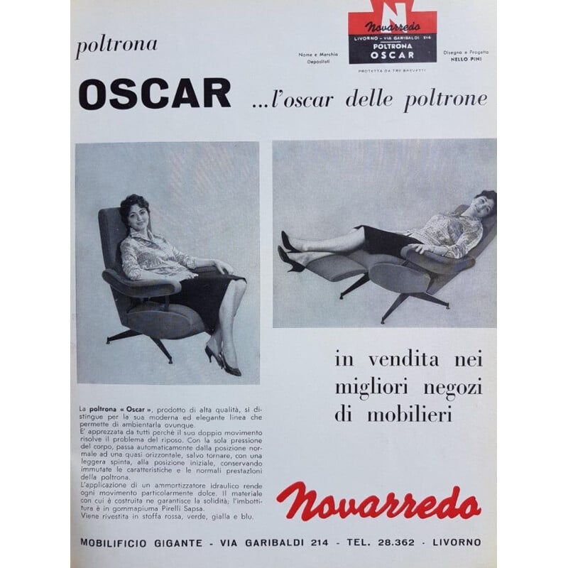 Poltrona reclinabile d'epoca "Oscar" di Nello Pini per Novarredo 1959