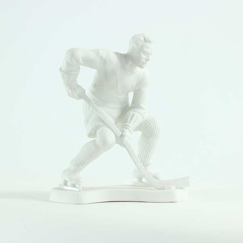 Vintage Hockey Player Ceramic Statue In White Porcelain Royal Dux 1947s