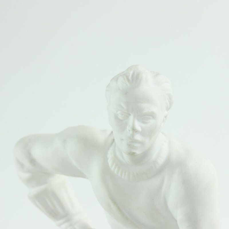 Vintage Hockey Player Ceramic Statue In White Porcelain Royal Dux 1947s