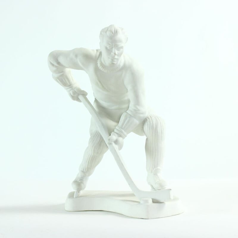 Vintage Hockey Player Ceramic Statue In White Porcelain Royal Dux 1947s