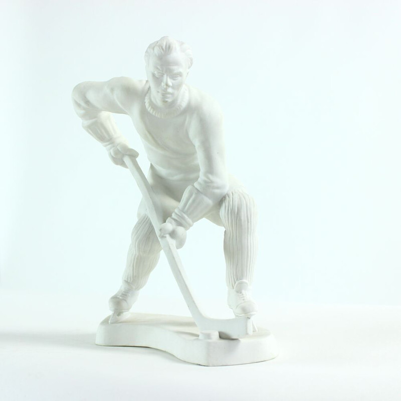 Vintage Hockey Player Ceramic Statue In White Porcelain Royal Dux 1947s