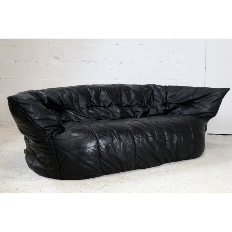 Canapé vintage cuir noir de Michel Ducaroy, modèle Brigantin de Ligne Roset 1981