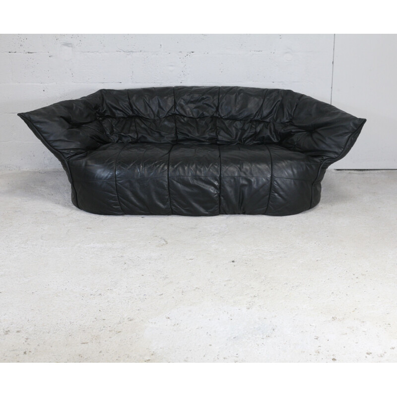 Vintage black leather sofa by Michel Ducaroy, model Brigantin de Ligne Roset 1981