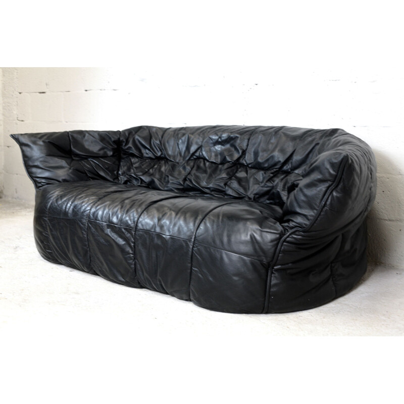 Vintage black leather sofa by Michel Ducaroy, model Brigantin de Ligne Roset 1981